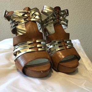 size 10 strappy brown and gold platforms